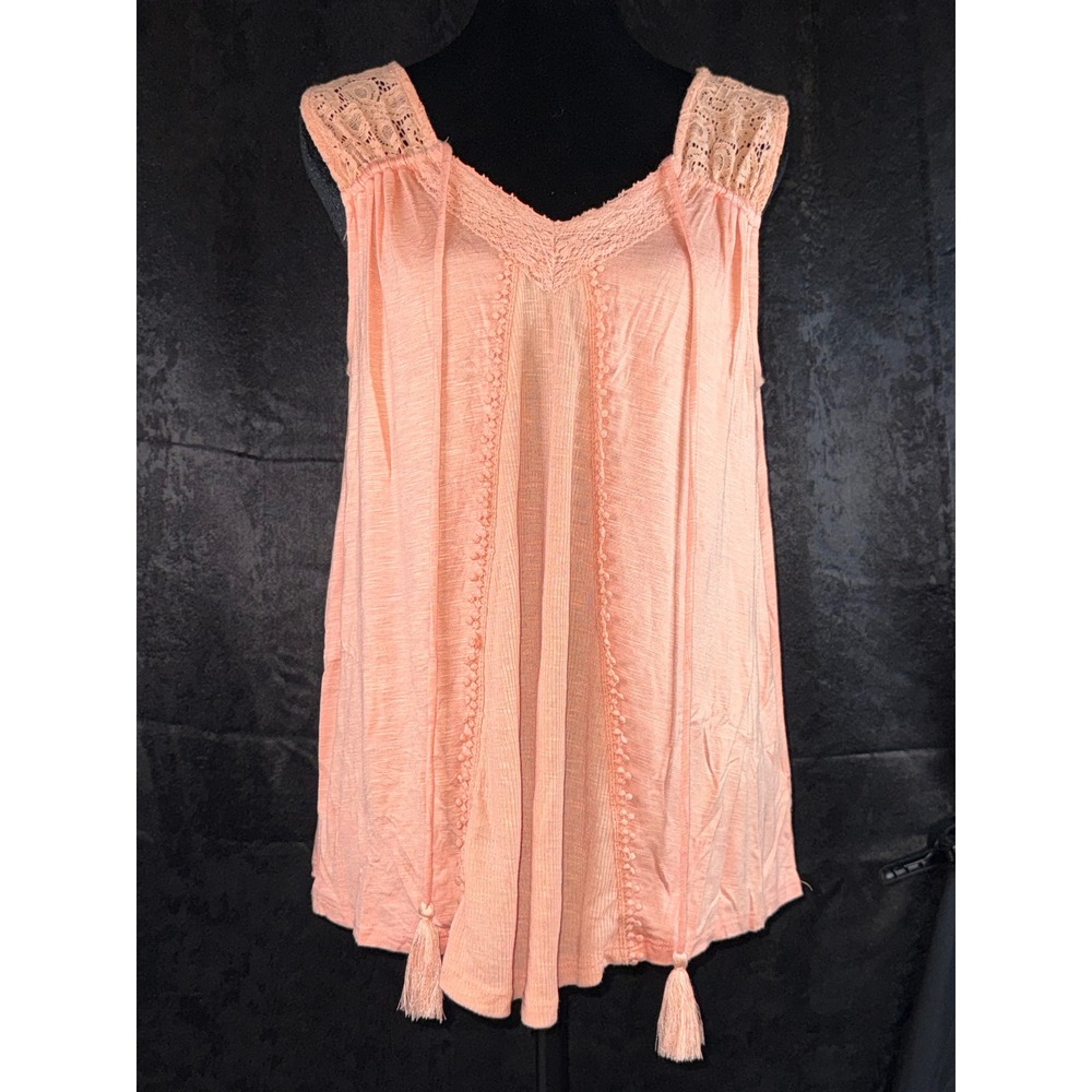 Knox Rose Peach Boho Lace Crochet Trim Tassel Tank Top Womens Medium NWOT‎